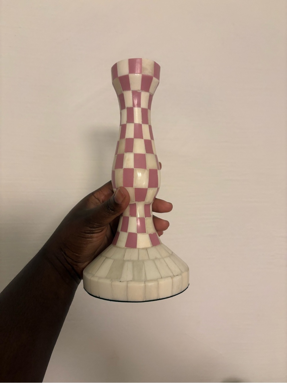 Pink & Cream Checkered Ceramic Candle Holder